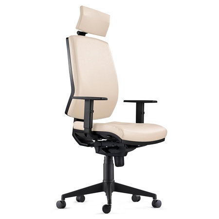 DEMO# Chaise Ergonomique OLIVER, en Cuir Crème, Appui-tête, Utilisation 8 Heures, Rembourrage Epais