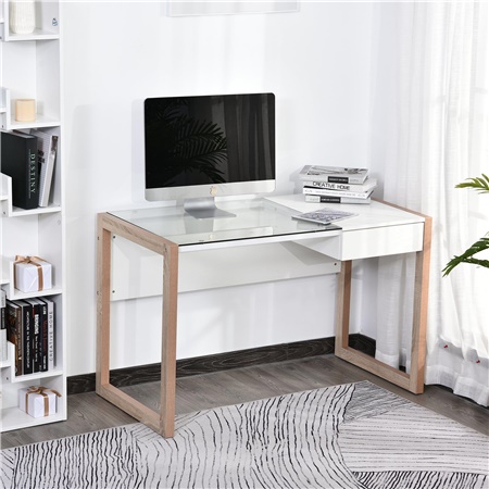 Bureau Informatique MICHIGAN, Design Moderne, 120x60x75 cm, en Bois et Verre, Blanc