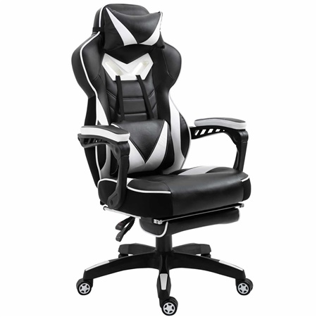 Fauteuil Gamer TRONE, avec Repose-pieds, Dossier Inclinable, Grand Confort, Noir/Blanc