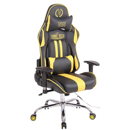 Chaise Gaming INDY MASSAGE, Dossier Inclinable, Fonction Siège Chauffant, en Cuir, Noir/Jaune