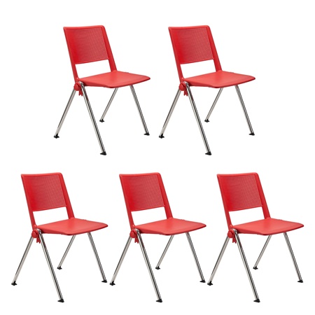 Lot de 5 chaises visiteur CARINA, Empilable, Crochets d’Attache, Piétement Chromé, Rouge