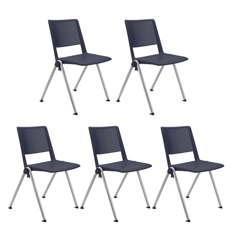 Lot de 5 chaises visiteur CARINA, Empilable, Crochets d’Attache, Piétement Gris, Bleu