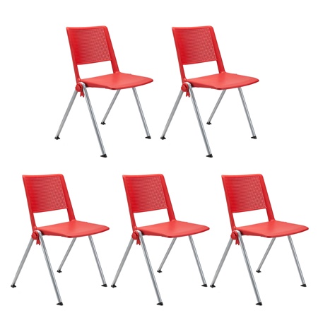 Lot de 5 chaises visiteur CARINA, Empilable, Crochets d’Attache, Piétement Gris, Rouge