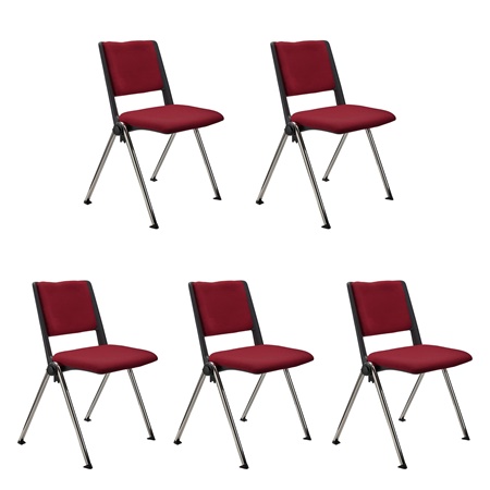 Lot de 5 chaises visiteur CARINA, Empilable, Crochets d’Attache, Piétement Chromé, Tissu Bordeaux