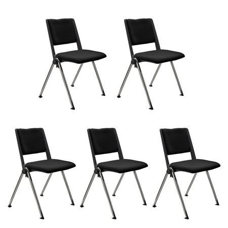 Lot de 5 chaises visiteur CARINA, Empilable, Crochets d’Attache, Piétement Chromé, Tissu Noir