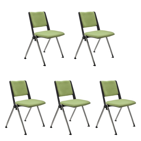 Lot de 5 chaises visiteur CARINA, Empilable, Crochets d’Attache, Piétement Chromé, Tissu Vert