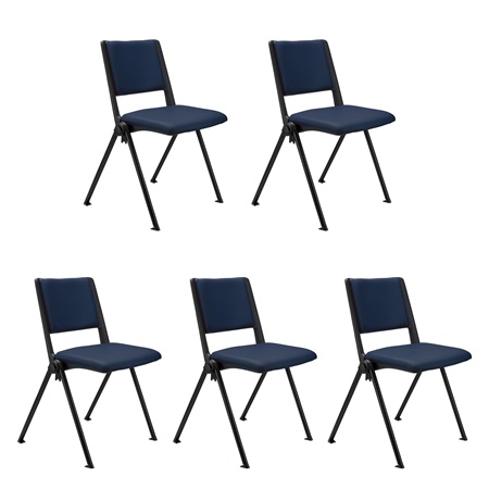Lot de 5 chaises visiteur CARINA, Empilable, Crochets d’Attache, Piétement Noir, Cuir Bleu