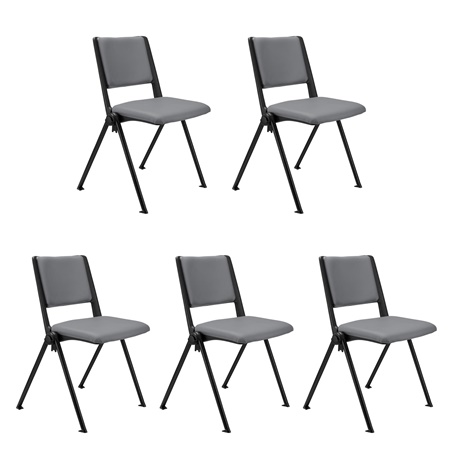 Lot de 5 chaises visiteur CARINA, Empilable, Crochets d’Attache, Piétement Noir, Cuir Gris