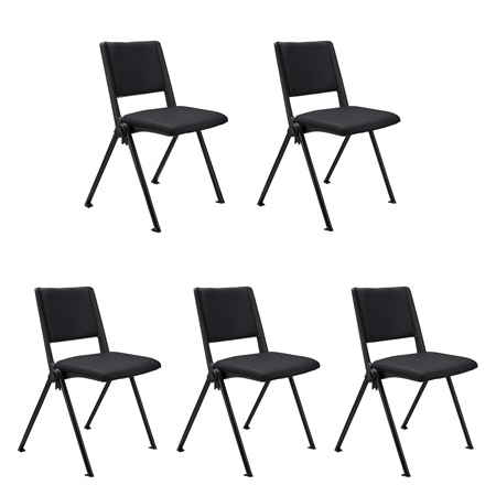 Lot de 5 chaises visiteur CARINA, Empilable, Crochets d’Attache, Piétement Noir, Cuir Noir