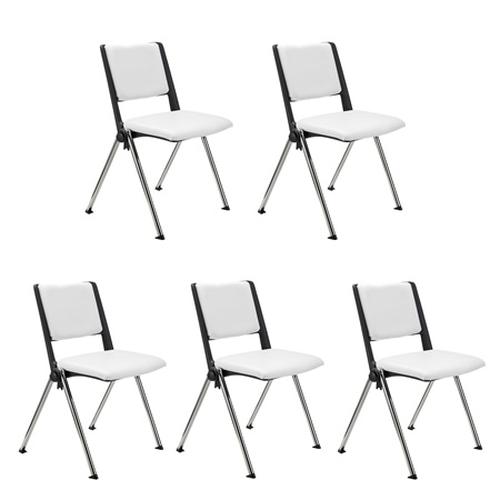 Lot de 5 chaises visiteur CARINA, Empilable, Crochets d’Attache, Piétement Chromé, Cuir Blanc