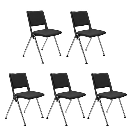 Lot de 5 chaises visiteur CARINA, Empilable, Crochets d’Attache, Piétement Chromé, Cuir Noir