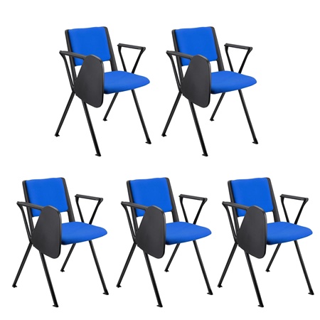 Lot de 5 chaises visiteur CARINA AVEC TABLETTE, Empilable, Crochets d’Attache, Piétement Noir, Tissu Bleu