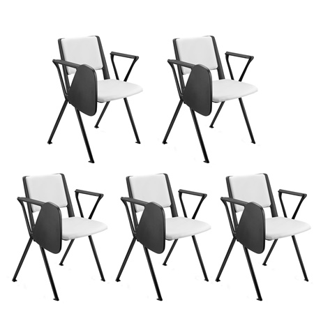 Lot de 5 chaises visiteur CARINA AVEC TABLETTE, Empilable, Crochets d’Attache, Piétement Noir, Cuir Blanc