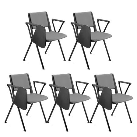 Lot de 5 chaises visiteur CARINA AVEC TABLETTE, Empilable, Crochets d’Attache, Piétement Noir, Cuir Gris