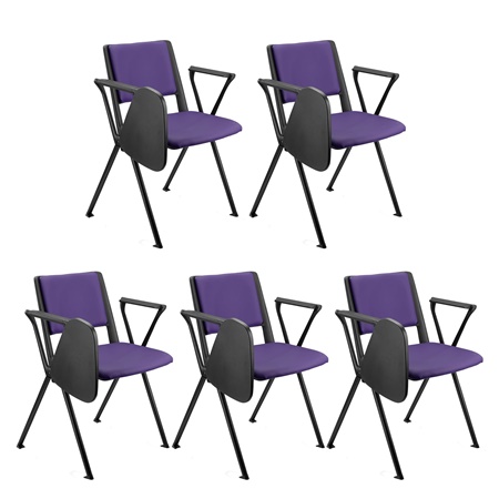 Lot de 5 chaises visiteur CARINA AVEC TABLETTE, Empilable, Crochets d’Attache, Piétement Noir, Cuir Violet