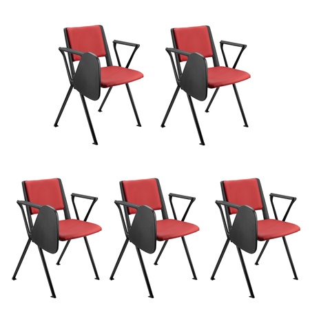 Lot de 5 chaises visiteur CARINA AVEC TABLETTE, Empilable, Crochets d’Attache, Piétement Noir, Cuir Rouge