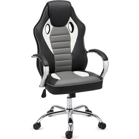 Chaise Gaming MONTECARLO, Piétement et Accoudoirs métalliques, Résistante et Confortable, Noir et Gris