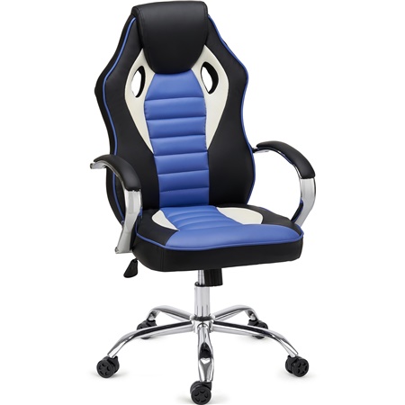 Chaise Gaming MONTECARLO, Piétement et Accoudoirs métalliques, Résistante et Confortable, Noir et Bleu