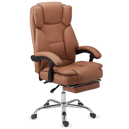 DEMO# Fauteuil de Bureau LINCON, Très Confortable, Ergonomique, Repose Pieds Extensible, Cuir Marron Clair