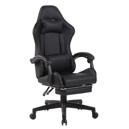 Chaise Gaming ATMOS avec Repose-Pieds, Coussin Lombaire et Cervical, en Cuir, Noir