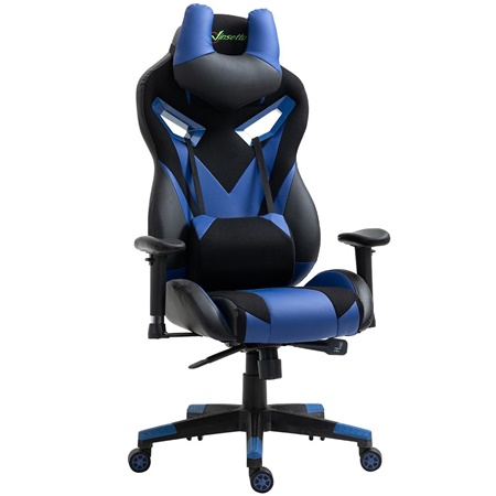 Chaise Gaming URUS, Inclinable, Coussins Lombaires et Cervicales, En Tissu et Cuir, Noir et Bleu 