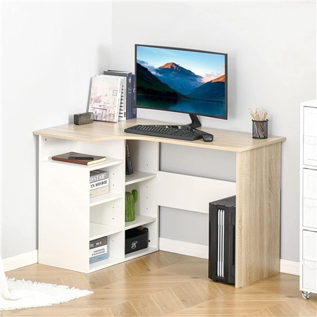 Bureau informatique BOXON, 120x70x75 cm, avec Etagères, en Bois couleur Blanc et Chêne