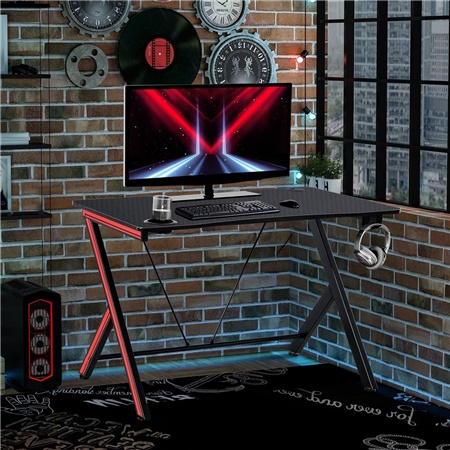 Bureau Gamer SAMUS, 120x60x75 cm, Porte-gobelet, Support pour casque audio et Passe-câble, Noir et Rouge
