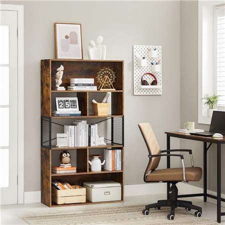 Bibliothèque de Style Industriel CASEN, 80x30x150,5 cm, En Métal et Bois Couleur Noyer