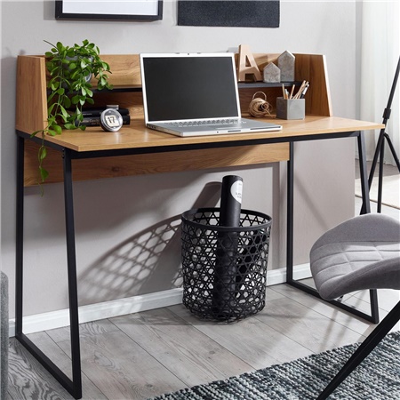 Bureau MARTE, Dimensions 120x61.5x100 cm, Design Industriel, Avec Étagère, Métal et Bois, Couleur Noyer