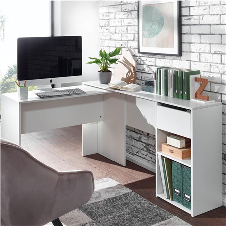 Bureau d'Ordinateur EMPIRE, Étagère Modulable Avec Tiroir, Dimensions 145x106,5x76,5 cm, En Bois, Blanc