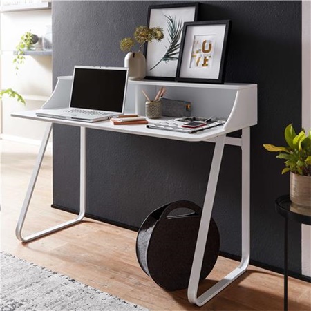 Bureau d'Ordinateur ROUNDY, Style Industriel, Dimensions 120x60x92cm, Métal et Bois, Blanc