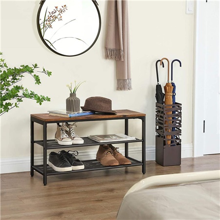Banc Étagère MAKAYLA, 80x30x44,5 cm, Design Moderne, en Métal et Bois Noyer