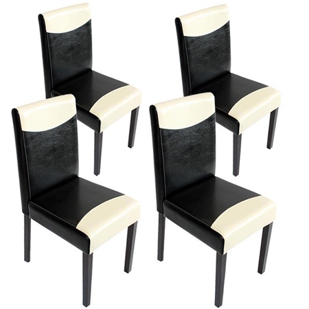 Lot de 4 Chaises de Salle à Manger LITAU BICOLORE, Cuir Crème et Noir, Pieds Noirs