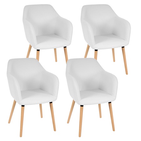 Lot de 4 Chaises de Salle à Manger TULIO, en Cuir Blanc, Pieds Hêtre