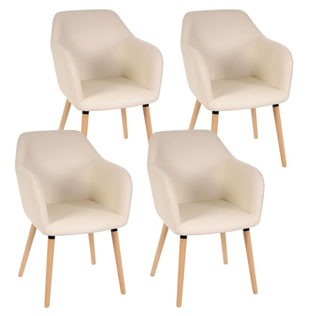 Lot de 4 Chaises de Salle à Manger TULIO, en Cuir Crème, Pieds Hêtre