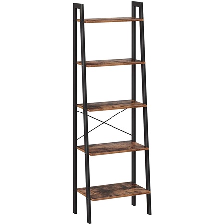 Étagère YUNUS, Style Industriel, 56x34x172 cm, Métal et bois, Noir et Marron Foncé