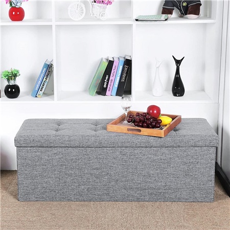 Banc de rangement SIDNEY, Dimensions 110x38x38 cm, en Bois et Tissu, Gris Clair