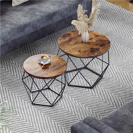 Lot de 2 Tables d'Appoint RAIDEN, Design Tendance, Métal et Bois Noyer