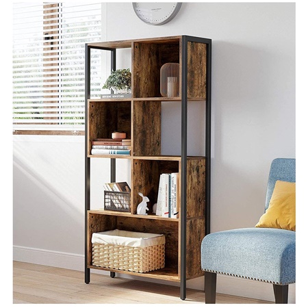 Bibliothèque de style industriel HARLEY, 74x29,6x154,5 cm, Acier et Bois de Couleur Noyer