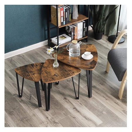 Lot de 3 Tables Basses JOKI, Très Fonctionnelles, Métal et Bois Noyer
