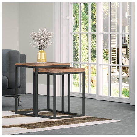 Lot de 2 Tables Gigognes QUENTIN, Design Moderne, Métal et Bois Rustique