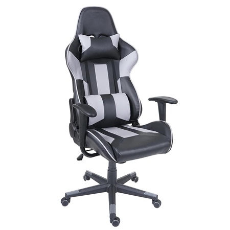 Fauteuil Gaming CAMTON, Coussin Lombaire et Cervical, en Cuir, Noir et Gris