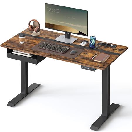 Bureau Réglable en Hauteur EVEREST, 120x60 cm, Tiroir, Structure Metallique, Noyer et Noir