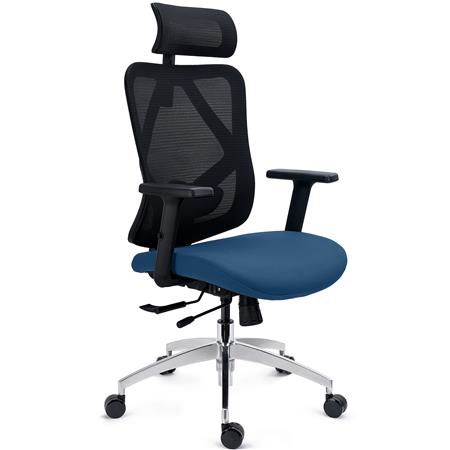 Chaise Ergonomique LONDON, Support Lombaire Réglable, Assise Réglable en Profondeur, Utilisation Intensive 8h, Bleu