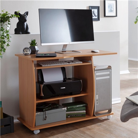 DEMO#Bureau Informatique DUKE en bois, avec roulettes et support clavier coulissant, dimensions 90x50cm, Hêtre