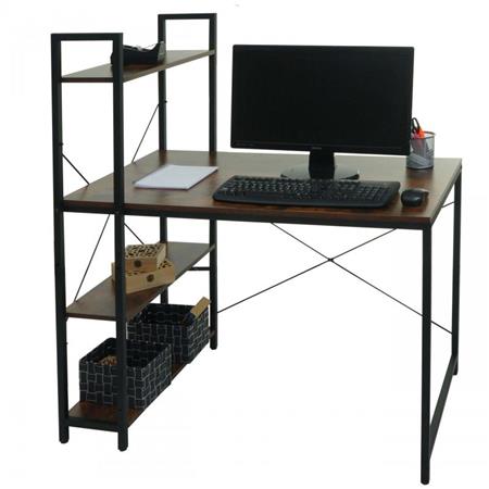 Bureau Informatique NORMAN 100x60x72 cm, avec Étagère, en Bois et Métal, couleur Noyer
