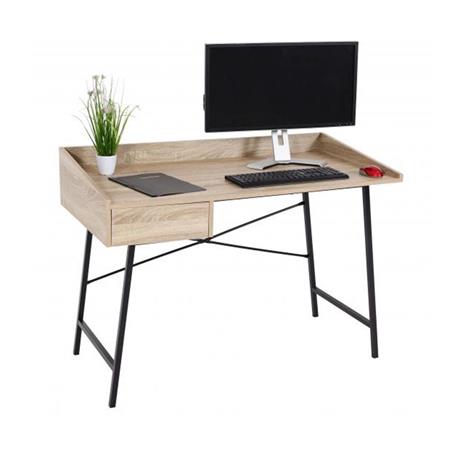 Bureau Informatique PHOENIX, 114x60x98 cm, Avec Tiroir,  Structure en Métal, Couleur Hêtre