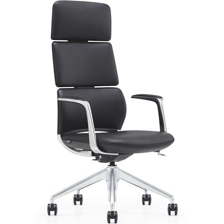 DEMO# Fauteuil de Bureau DOLMEN, au Design Exclusif, Piètement Métallique, Cuir Authentique, Noir