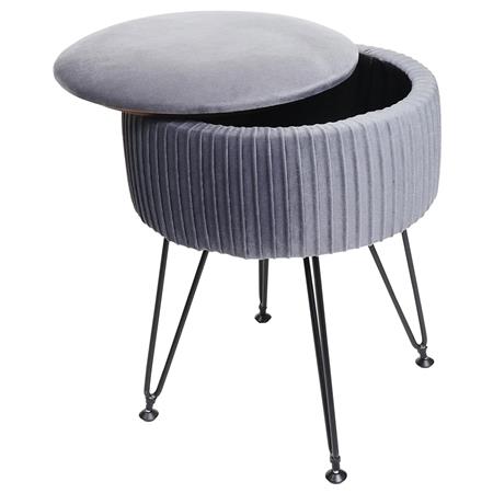 Tabouret MEKO, Compartiment de Rangement, Pieds Noirs, En Tissu Gris