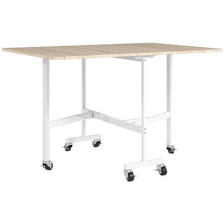 Table de Réunion NICOSIA sur Roulettes, 120x80x73 cm, Métal et Bois, 2 Rallonges Abattables, 3 Configurations, Chêne Clair